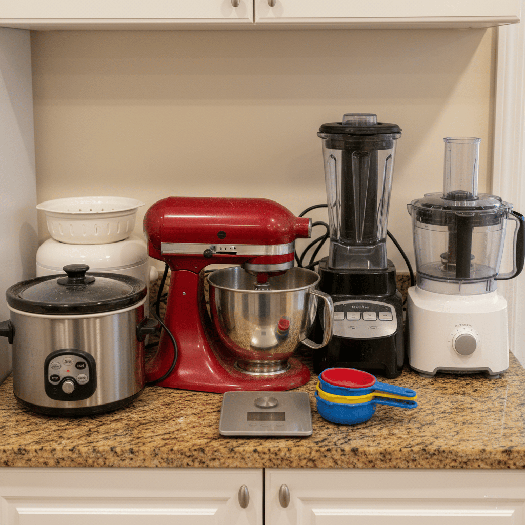 A cluttered kitchen counter with many appliances