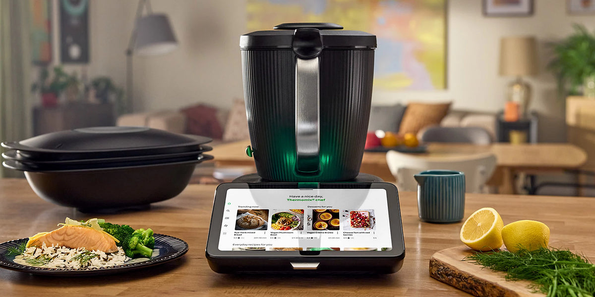Thermomix TM7 with Cookidoo touchscreen and a finished meal