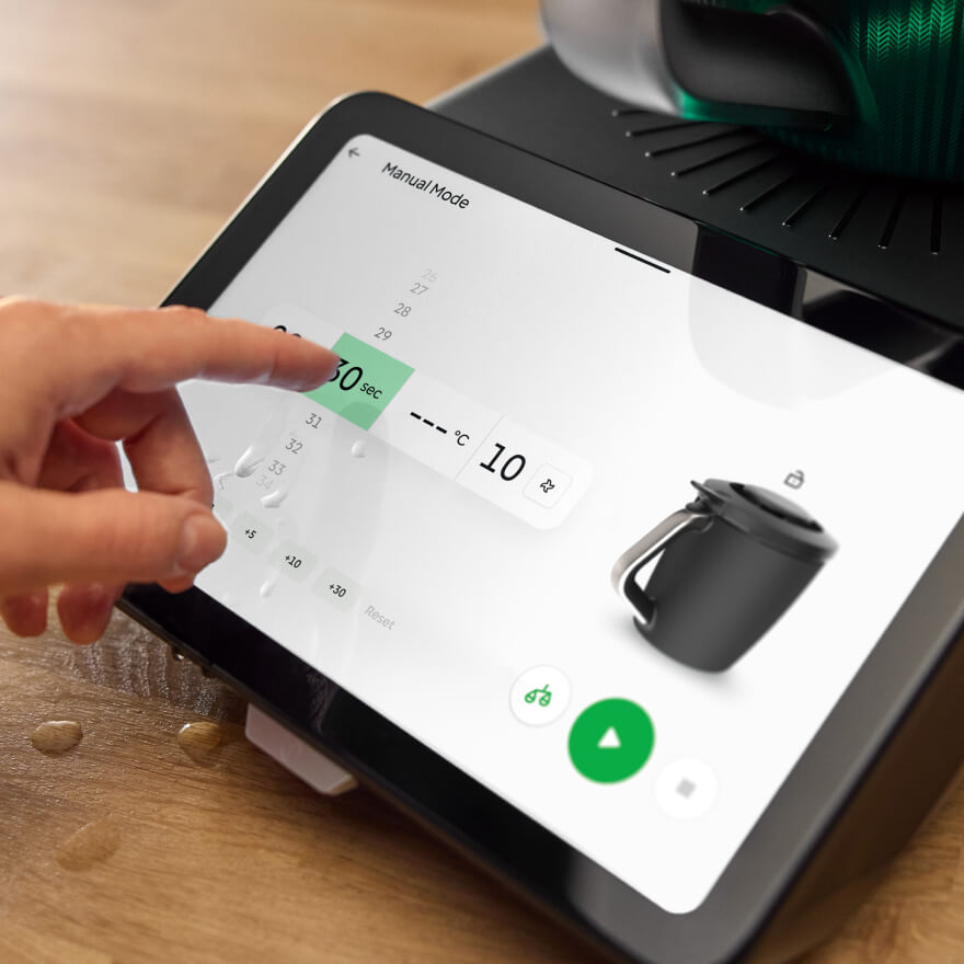 Thermomix TM7 touchscreen showing the Sensor probe paired and cooking a steak by internal temperature